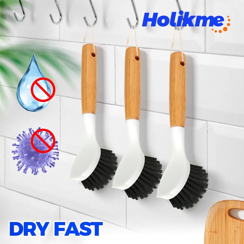 Holikme 3 Pack Cast Iron Brush and Scraper with Bamboo Handle â€“ Skillet Scrubber with Tough Nylon Bristles, Kitchen Cleaner for Cleaning Skillet, Grill Pan, Dark Gray - Image 5