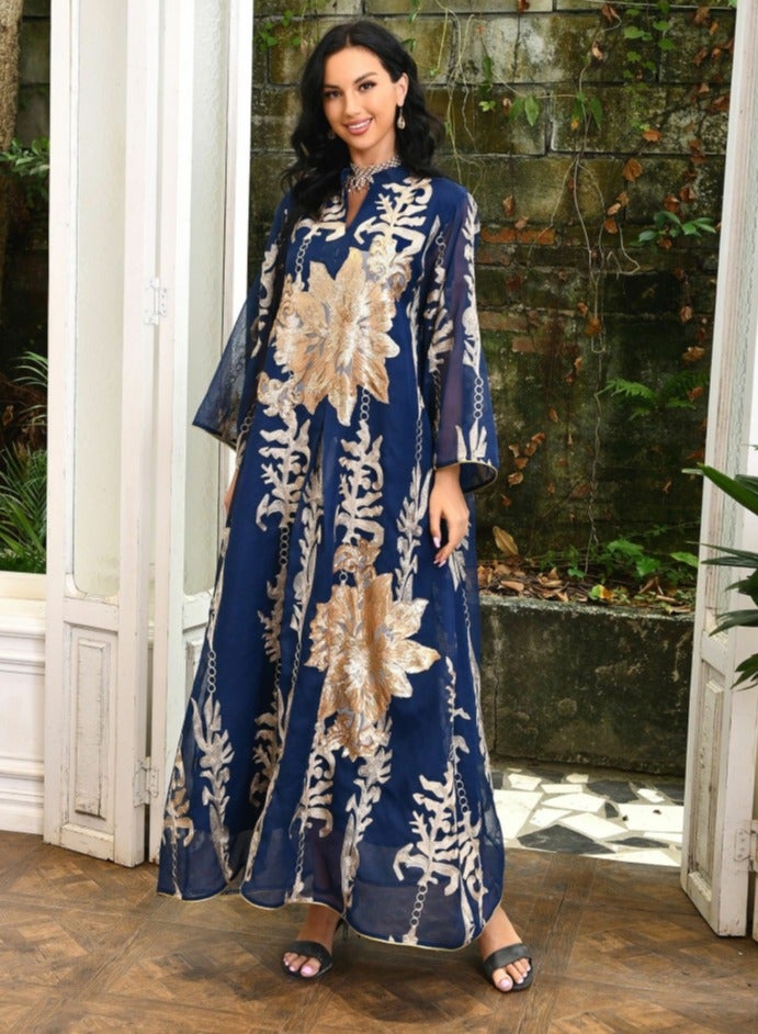 Loquat Ladies Mesh Fabric Robe Sequin Embroidered Jacquard Long Dress Muslim Abaya Evening Dress Dark Blue  - Image 1
