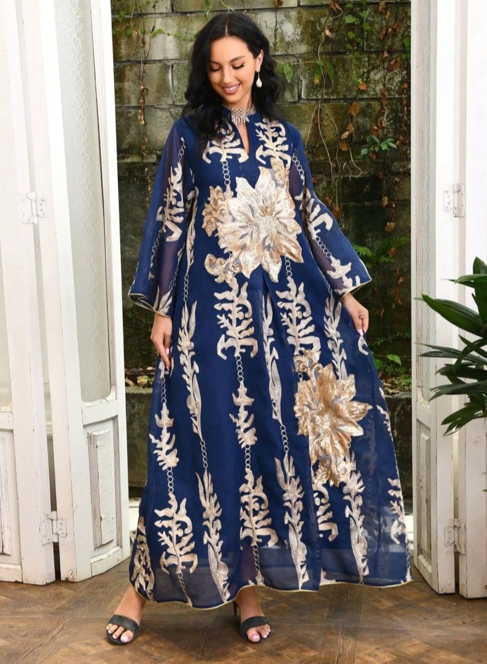 Loquat Ladies Mesh Fabric Robe Sequin Embroidered Jacquard Long Dress Muslim Abaya Evening Dress Dark Blue  - Image 2