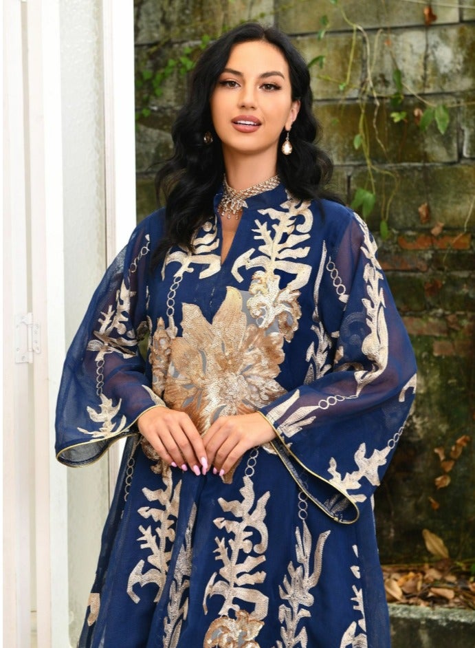 Loquat Ladies Mesh Fabric Robe Sequin Embroidered Jacquard Long Dress Muslim Abaya Evening Dress Dark Blue  - Image 3