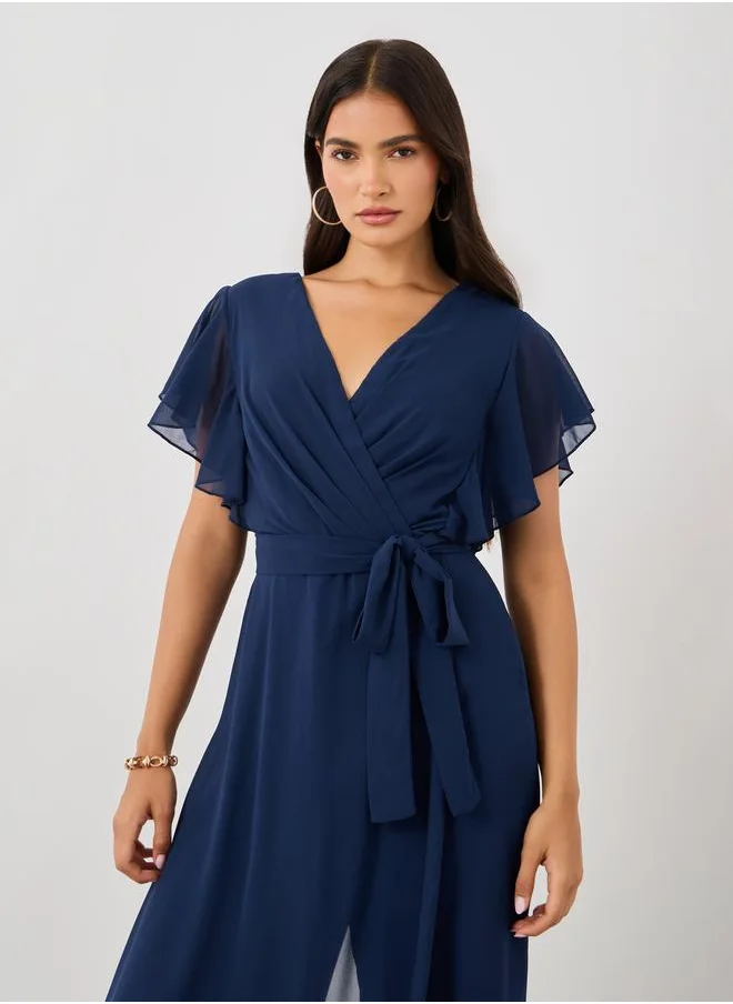 ستايلي Styli Ruffled Sleeve V-Neck Wide Leg Jumpsuit