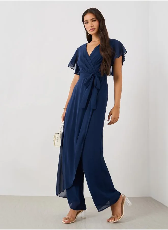 ستايلي Styli Ruffled Sleeve V-Neck Wide Leg Jumpsuit
