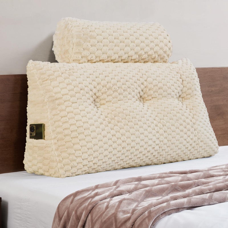 EUHAMS Wedge Headboard Pillow - Bed Wedge Pillow for Headboard Triangular Headboard Pillow with Neck Roll Pillow-Large Bolster Pillow for Sitting in Bed Backrest Positioning Support (Beige,39x8x20 Inches) - Image 1