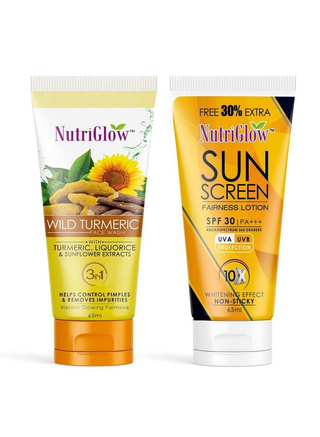 Nutriglow Wild Turmeric Face Wash & Sunscreen Fairness Lotion SPF 30 PA+++ For Control Pimple, Glowing Skin & Sun Burn, Sun Protection, All Skin Types, 65ml Each, Pack of 2 - Image 1