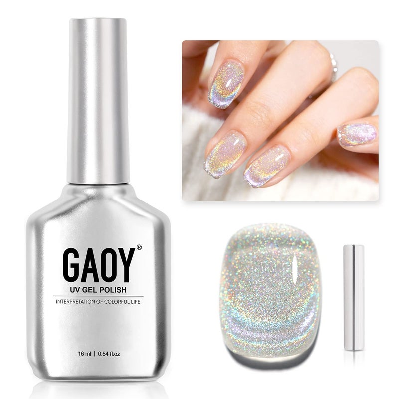 GAOY Cat Eye Gel Nail Polish, Glitter Holographic Nail Polish with Magnet, 16ml Reflective Translucent UV Gel, 1394 Silver Rainbow - Image 1