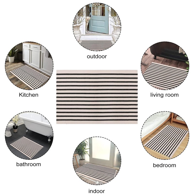 LEEVAN Black and White Striped Outdoor Rug Runner 2x4 Layering Doormat Farmhouse Front Porch Rug Cotton Woven Washable Throw Carpet for Hallway/Front Steps/Bathroom/Kitchen/Home Entrance - Image 3