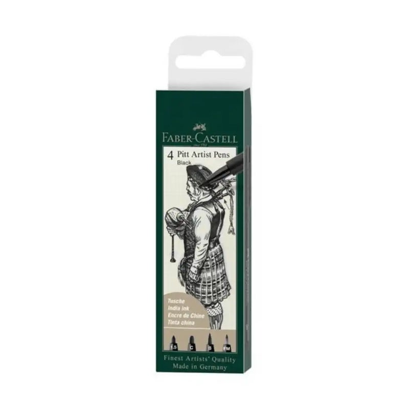 Faber Castell 4 Pitt India Ink Artist Pen Black With 1.5mm, C-Calligraphy Nib, B-Brush Tip, Fude Medium Brush Tip