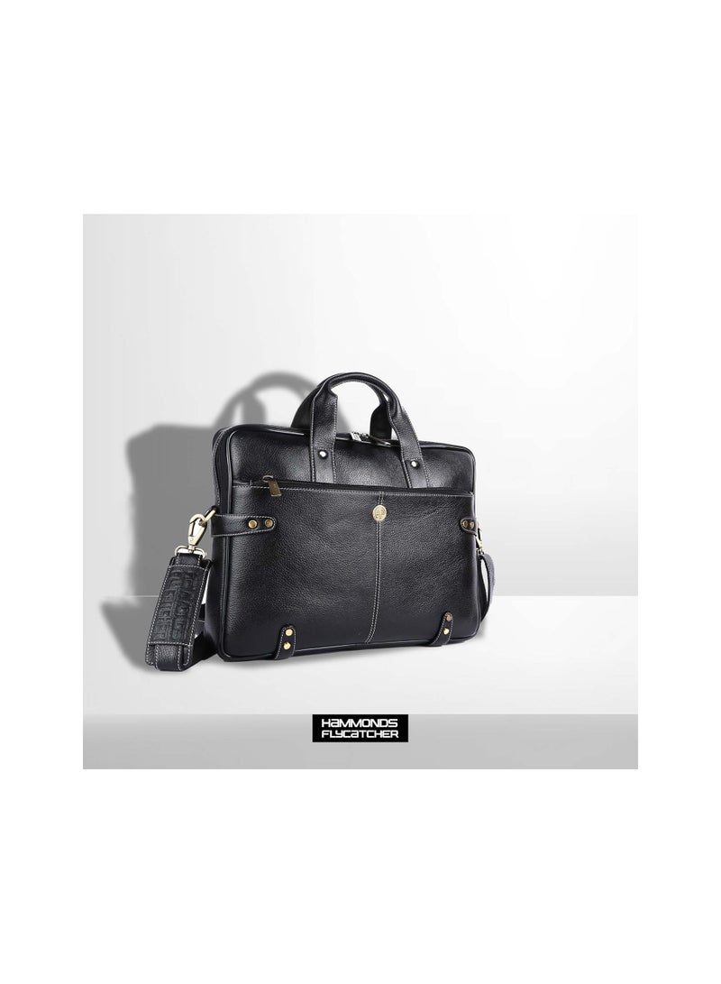 HAMMONDS FLYCATCHER Genuine Leather Office Bag for Men – Laptop Bag for Men - Fits 15.6 Inch Laptop - Leather Bag for Men with Adjustable Strap and Multiple Compartments - 1 Year Warranty - Black