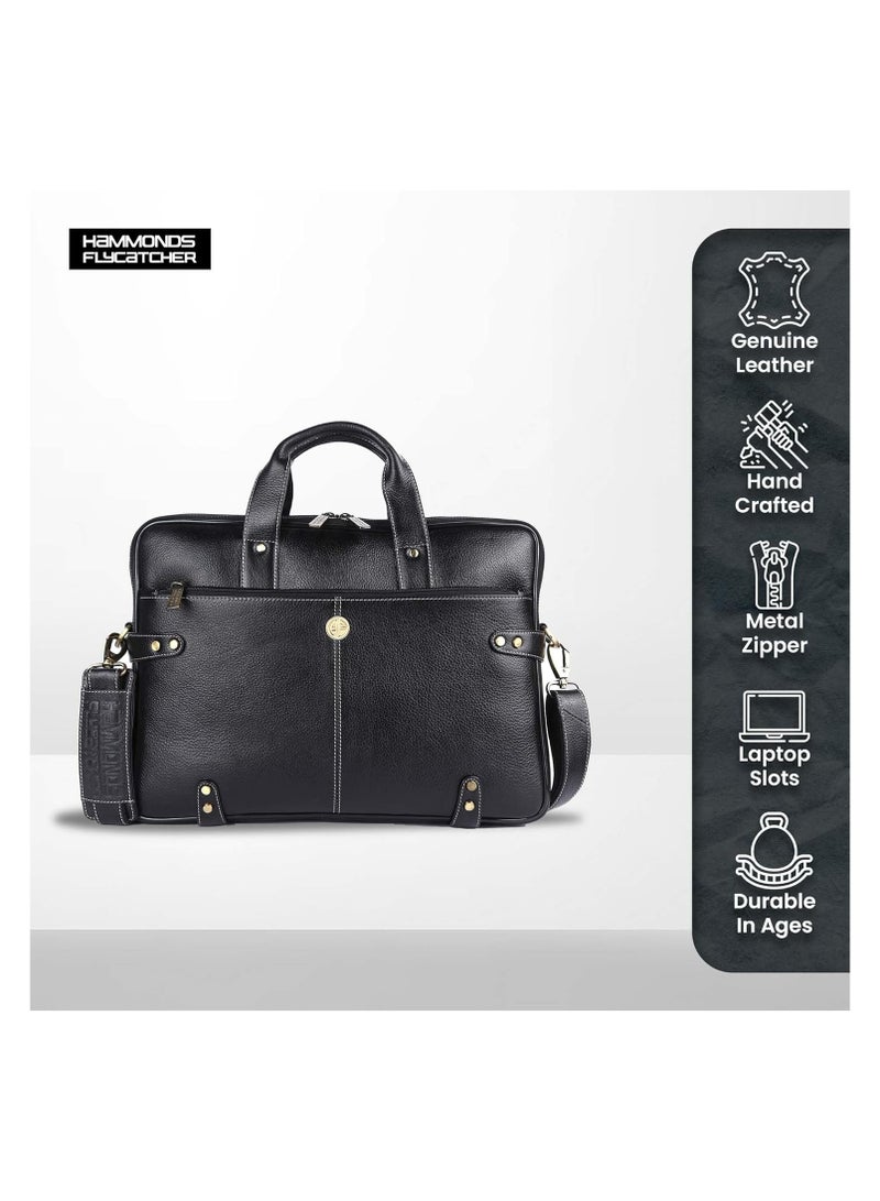 HAMMONDS FLYCATCHER Genuine Leather Office Bag for Men – Laptop Bag for Men - Fits 15.6 Inch Laptop - Leather Bag for Men with Adjustable Strap and Multiple Compartments - 1 Year Warranty - Black