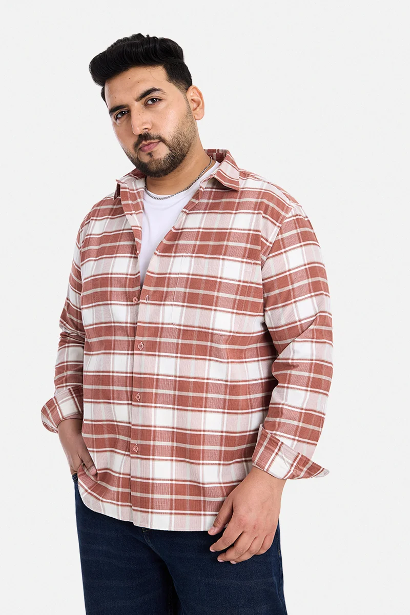 SNITCH Orange Checkered Long Sleeve Regular Fit Casual Plus Size Shirt