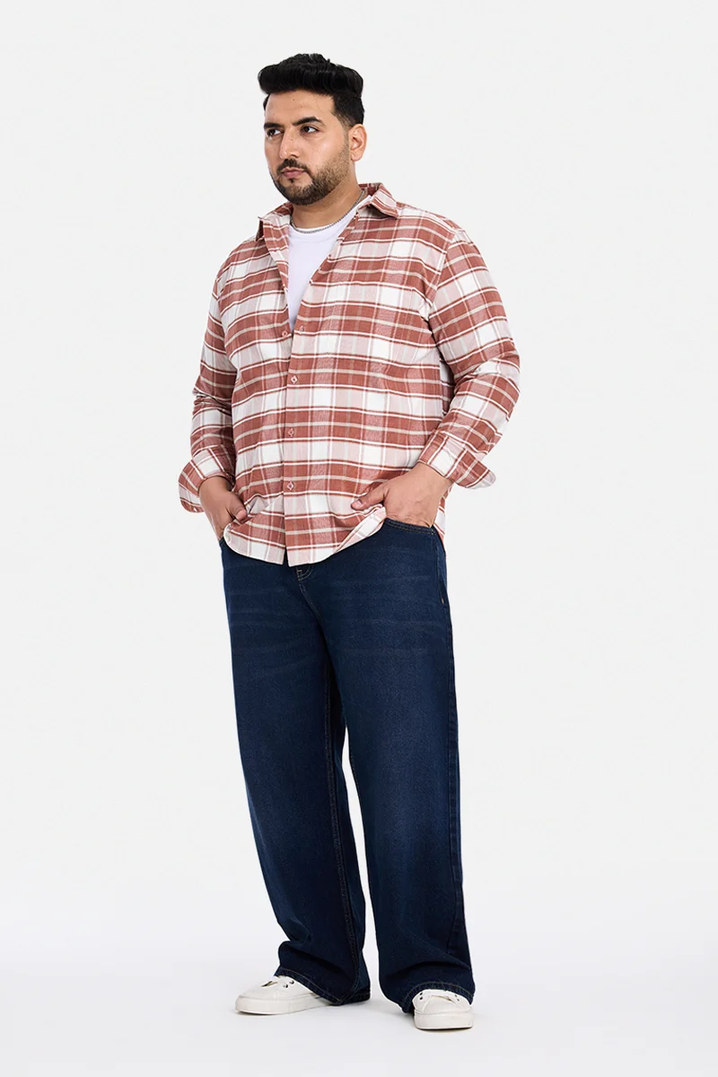 SNITCH Orange Checkered Long Sleeve Regular Fit Casual Plus Size Shirt