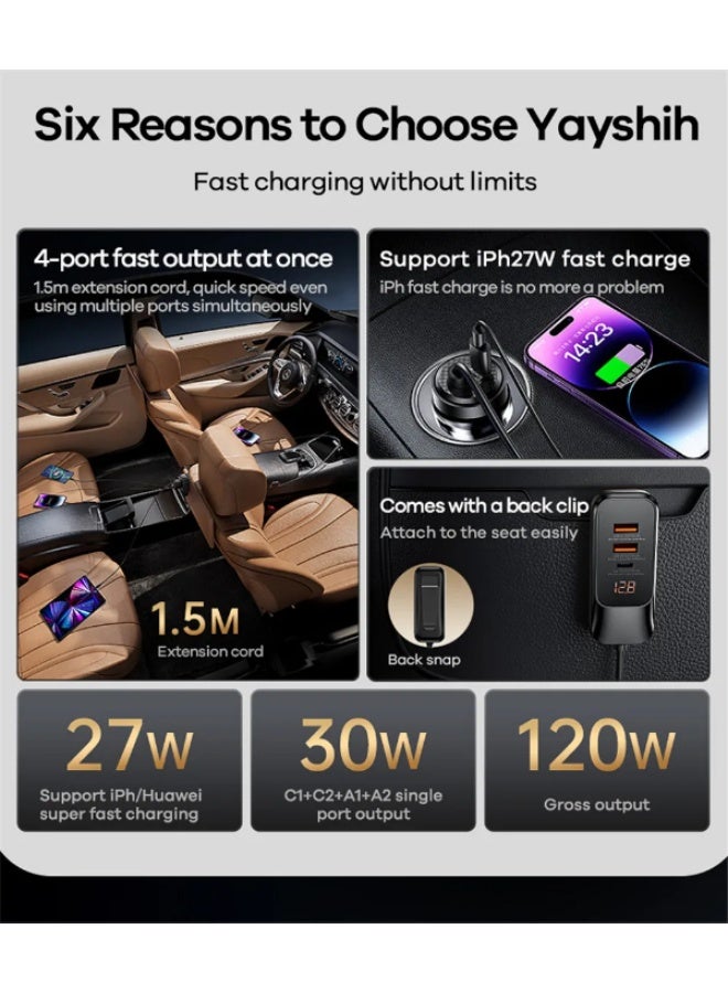 ريماكس شاحن سيارة سريع، سلسلة RCC355 Yayshin شاحن سيارة سريع 120 واط PD+QC مع شاشة رقمية، 4 منافذ (2 USB + 2 Type-C)، كابل سيليكون 1.5 متر، حماية ذكية وحامل مشبك، شحن سريع متعدد الأجهزة للمركبات 12 فولت/24 فولت - Image 5