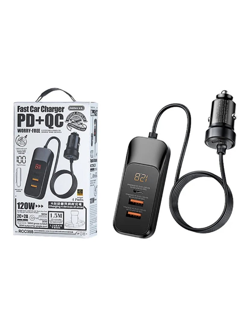 ريماكس شاحن سيارة سريع، سلسلة RCC355 Yayshin شاحن سيارة سريع 120 واط PD+QC مع شاشة رقمية، 4 منافذ (2 USB + 2 Type-C)، كابل سيليكون 1.5 متر، حماية ذكية وحامل مشبك، شحن سريع متعدد الأجهزة للمركبات 12 فولت/24 فولت - Image 2