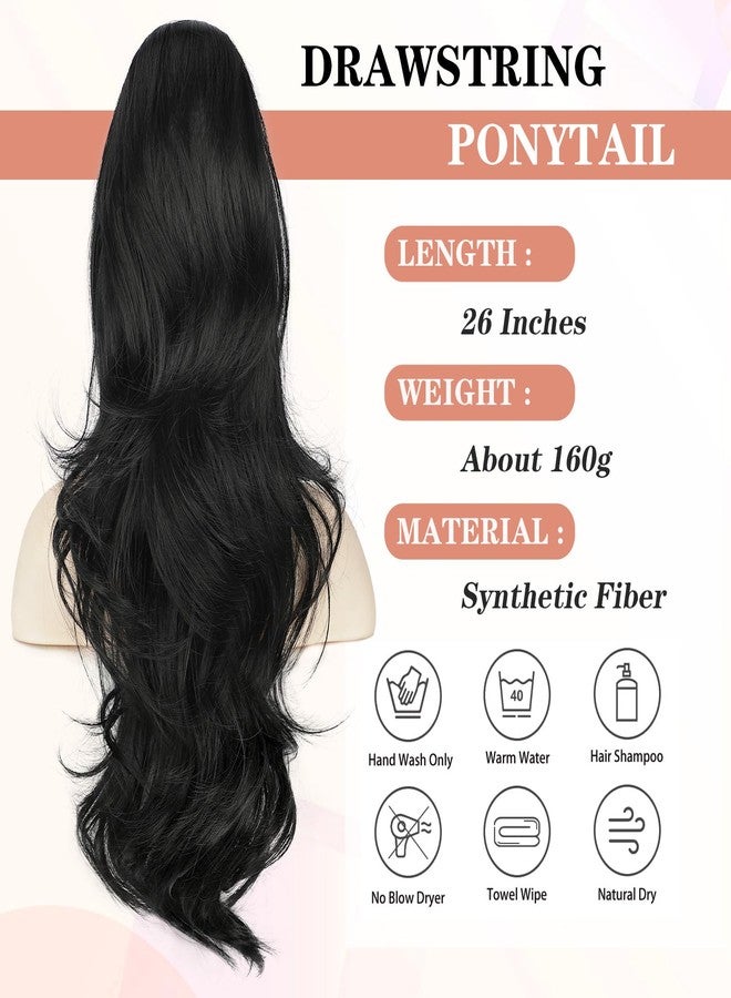 BOGSEA Ponytail Extension 26 Inch Drawstring Ponytail Extension for Women Long Wavy Hair Extensions for Daily Use(1B) - Image 2