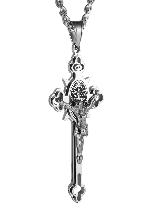 HZMAN Religion Stainless Steel Saint St St. Benedict Crucifix Cross Pendants Necklace INRI, Stainless Steel, No Gemstone - Image 1