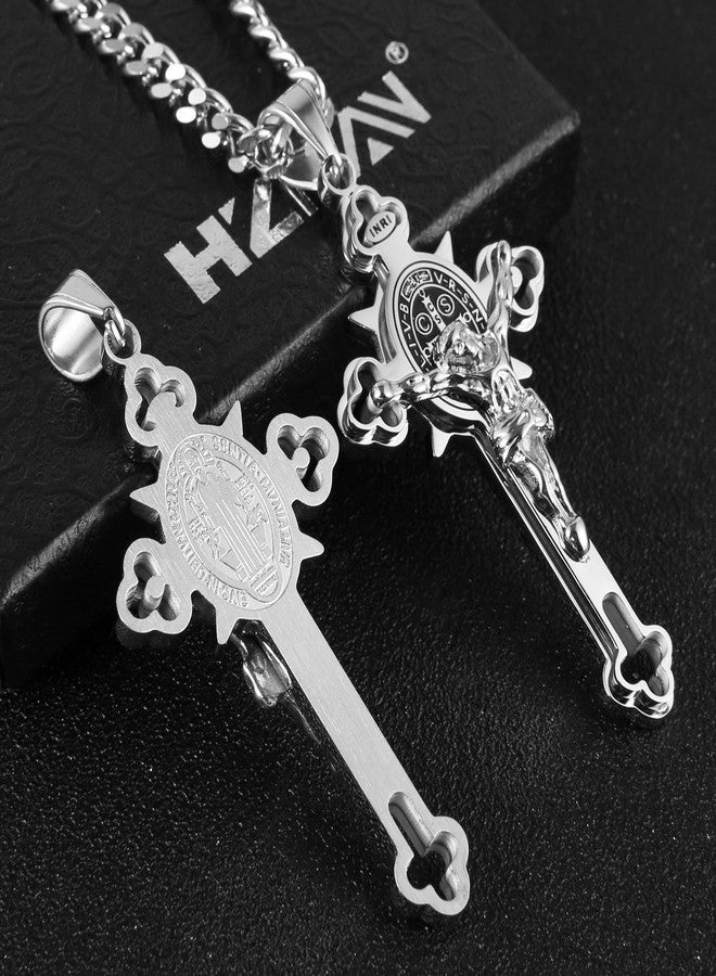 HZMAN Religion Stainless Steel Saint St St. Benedict Crucifix Cross Pendants Necklace INRI, Stainless Steel, No Gemstone - Image 4