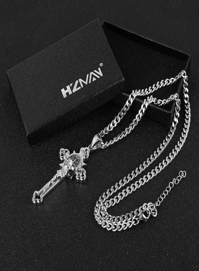 HZMAN Religion Stainless Steel Saint St St. Benedict Crucifix Cross Pendants Necklace INRI, Stainless Steel, No Gemstone - Image 5