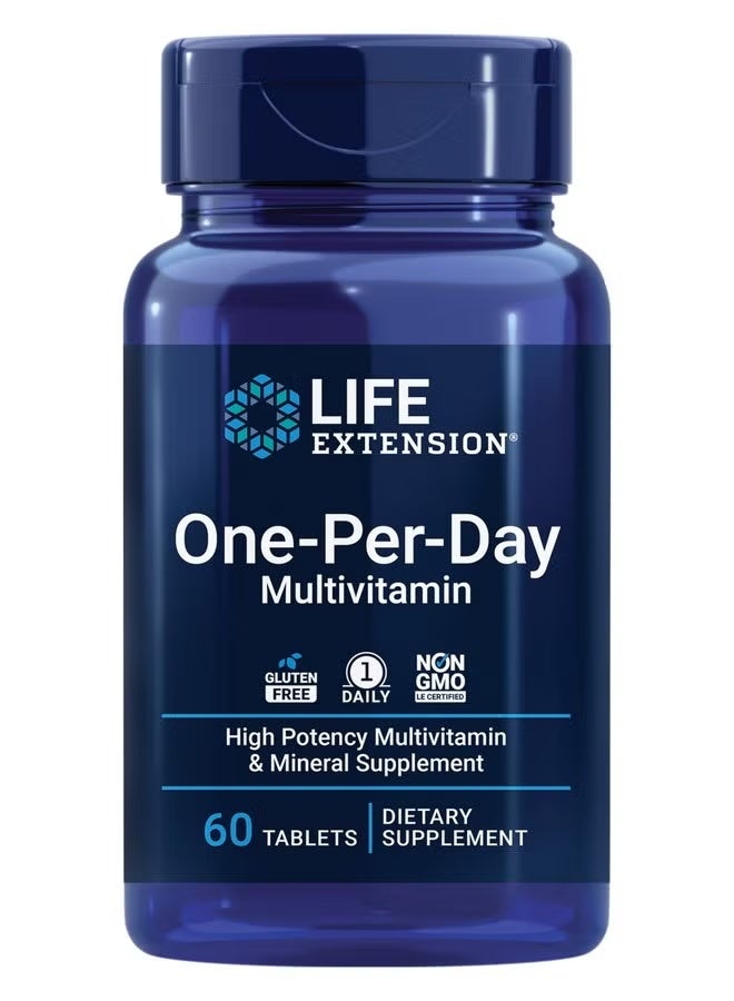فيتامينات متعددة لايف إكستينشن - تحتوي على أكثر من 25 فيتامين، معادن ومستخلصات نباتية، كيرسيتين، 5-MTHF فولات والمزيد - 1 يوميًا، غير معدلة وراثيًا، خالية من الغلوتين - 60 قرص