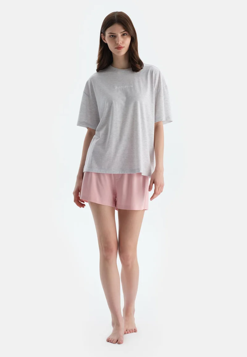 dagi Mid Rise Grey Crew Neck Cotton Blend T-shirt & Shorts Nightwear Set