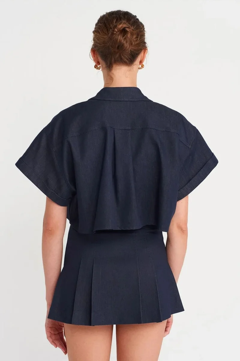 Dilvin Navy Blue DILVIN Women's Cropped Textured Button Shirt for Women | Best Price UAE