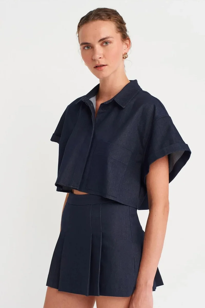 Dilvin Navy Blue DILVIN Women's Cropped Textured Button Shirt for Women | Best Price UAE