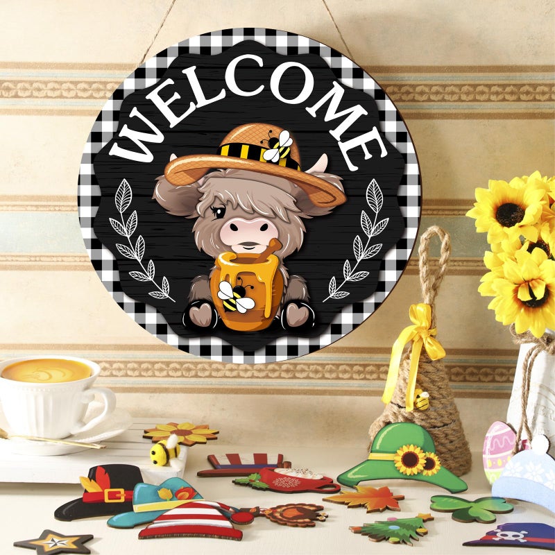 Vicenpal 35 Pcs Holiday Interchangeable Highland Cow Welcome Sign Highland Cow Seasonal Wooden Hanging Door Decor Valentines Farmhouse Hanging Sign for Front Door Winter Party Decoration Gift - Image 2
