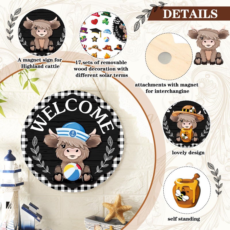 Vicenpal 35 Pcs Holiday Interchangeable Highland Cow Welcome Sign Highland Cow Seasonal Wooden Hanging Door Decor Valentines Farmhouse Hanging Sign for Front Door Winter Party Decoration Gift - Image 4
