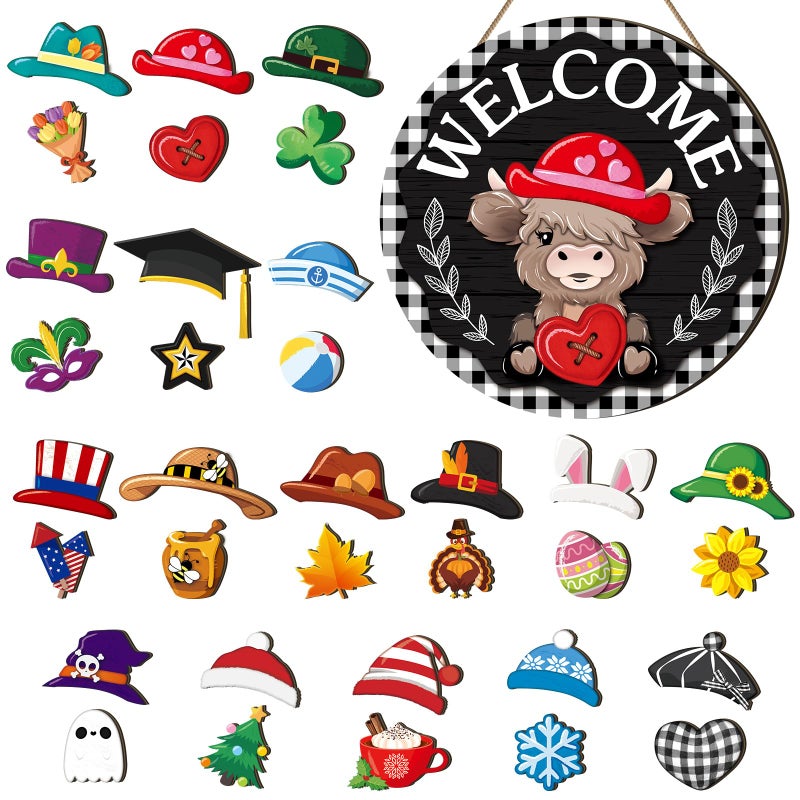 Vicenpal 35 Pcs Holiday Interchangeable Highland Cow Welcome Sign Highland Cow Seasonal Wooden Hanging Door Decor Valentines Farmhouse Hanging Sign for Front Door Winter Party Decoration Gift - Image 1