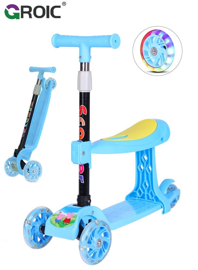 GROIC Kids Scooter with Seat, 3 Wheels Scooter with PU Luminous Wheels, Non-Slip Handle and Wide Deck, Sensitive Brakes, 4-Level Adjustable Height, Scooters for Kids,Outdoor Activities for Toddlers(Blue) - Image 1