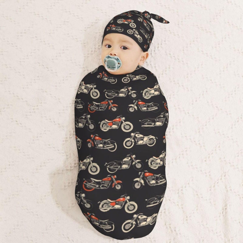 Muishi Motorcycles On Black Background Newborn Swaddle Blankets Hat Sets Soft Baby Receiving Blanket Swaddle Sack for Baby Shower Infant Boy Girl Gift - Image 3