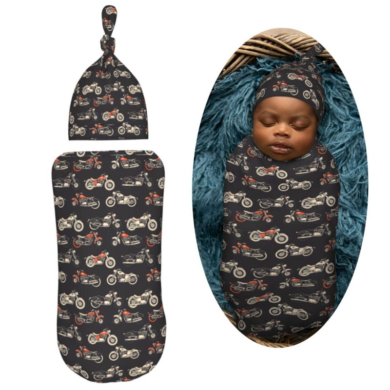 Muishi Motorcycles On Black Background Newborn Swaddle Blankets Hat Sets Soft Baby Receiving Blanket Swaddle Sack for Baby Shower Infant Boy Girl Gift - Image 2