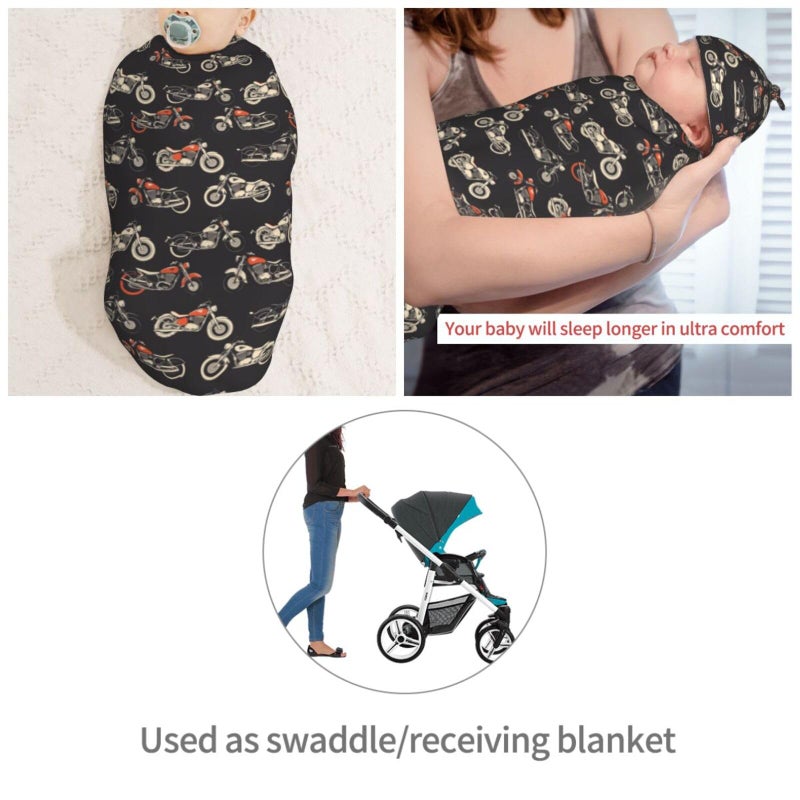 Muishi Motorcycles On Black Background Newborn Swaddle Blankets Hat Sets Soft Baby Receiving Blanket Swaddle Sack for Baby Shower Infant Boy Girl Gift - Image 4