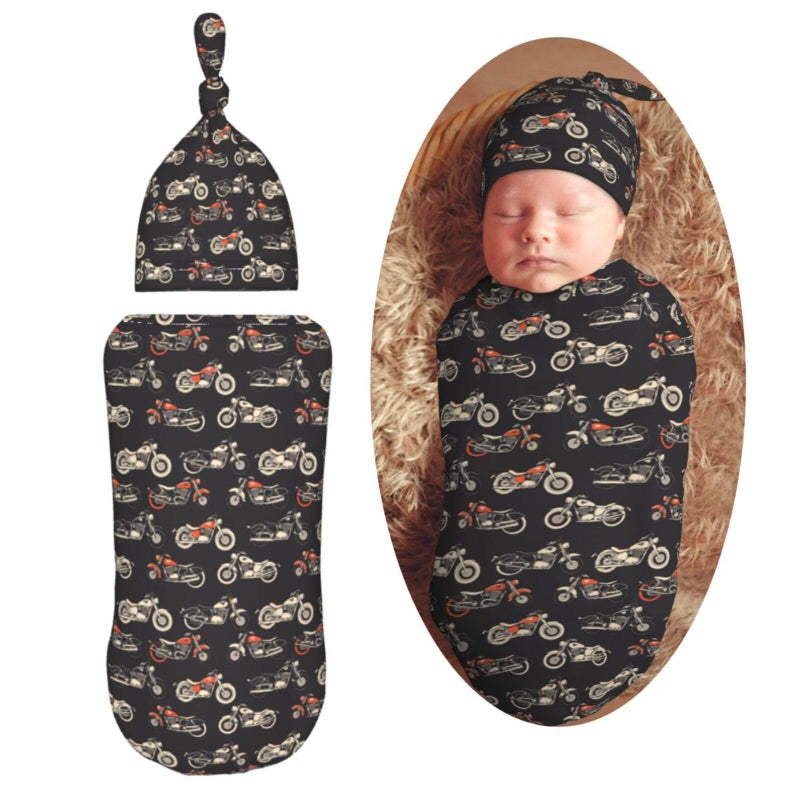 Muishi Motorcycles On Black Background Newborn Swaddle Blankets Hat Sets Soft Baby Receiving Blanket Swaddle Sack for Baby Shower Infant Boy Girl Gift - Image 1