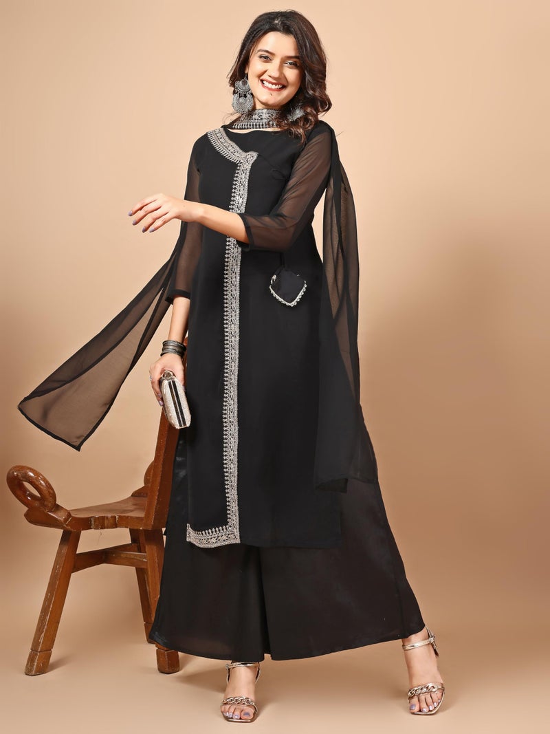 EthnicJunction Women's Georgette Embroidered Angrakha Kurta Palazzo with Choker Dupatta Set Black - Image 2