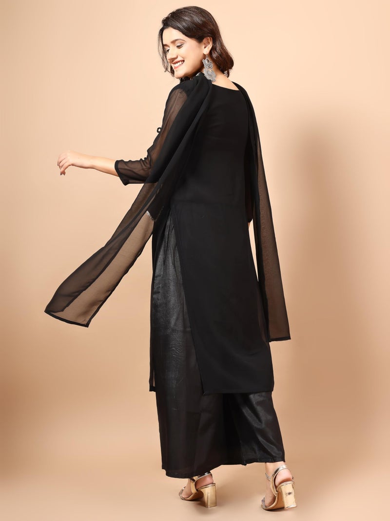 EthnicJunction Women's Georgette Embroidered Angrakha Kurta Palazzo with Choker Dupatta Set Black - Image 4