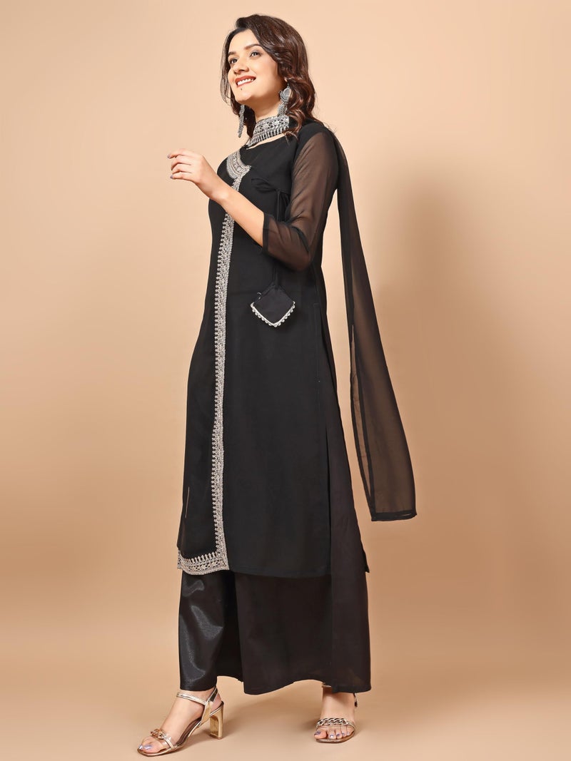 EthnicJunction Women's Georgette Embroidered Angrakha Kurta Palazzo with Choker Dupatta Set Black - Image 5