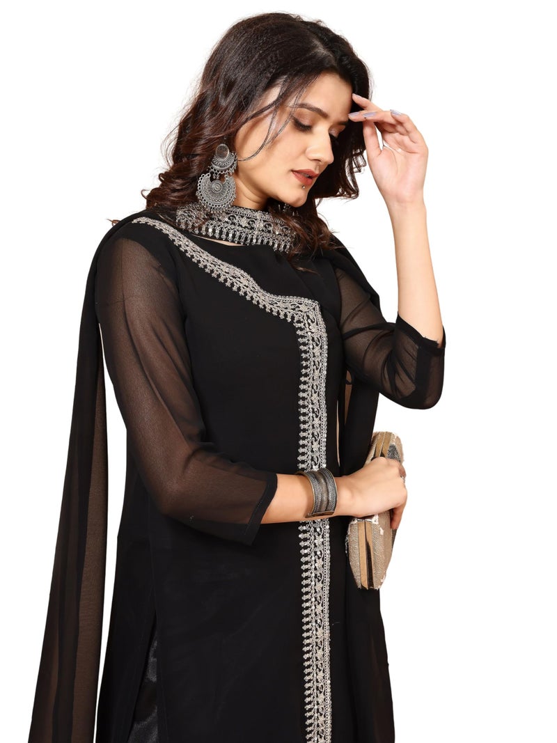 EthnicJunction Women's Georgette Embroidered Angrakha Kurta Palazzo with Choker Dupatta Set Black - Image 1