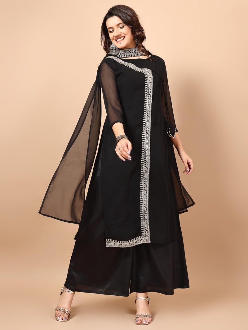 EthnicJunction Women's Georgette Embroidered Angrakha Kurta Palazzo with Choker Dupatta Set Black - Image 3