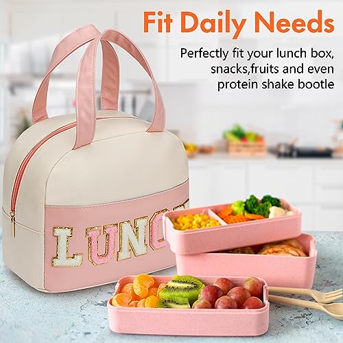 DIRGEE Lunch Bag for Women Insulated For Men PU leather Small Office Work lunch with Chenille Letters Leakproof Freezable Cooler Reusable Portable Box (White&Pink) - Image 5