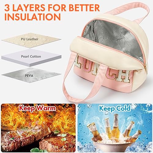 DIRGEE Lunch Bag for Women Insulated For Men PU leather Small Office Work lunch with Chenille Letters Leakproof Freezable Cooler Reusable Portable Box (White&Pink) - Image 4