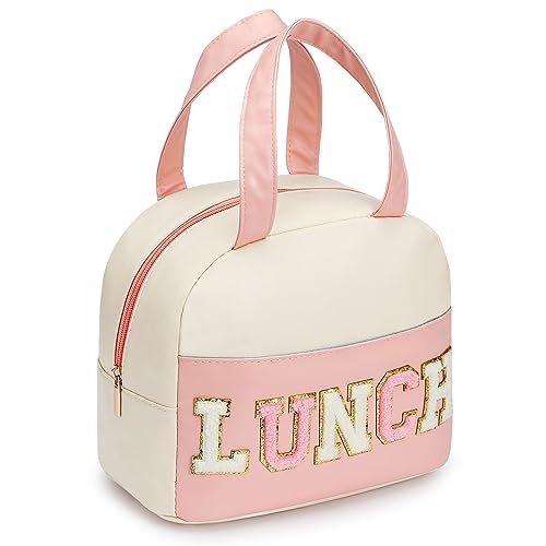 DIRGEE Lunch Bag for Women Insulated For Men PU leather Small Office Work lunch with Chenille Letters Leakproof Freezable Cooler Reusable Portable Box (White&Pink) - Image 1