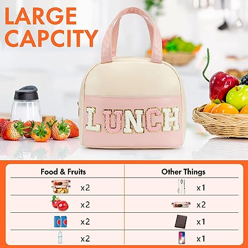 DIRGEE Lunch Bag for Women Insulated For Men PU leather Small Office Work lunch with Chenille Letters Leakproof Freezable Cooler Reusable Portable Box (White&Pink) - Image 3