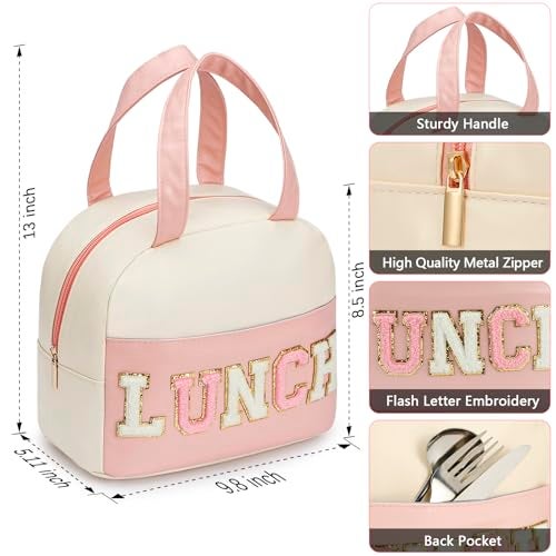 DIRGEE Lunch Bag for Women Insulated For Men PU leather Small Office Work lunch with Chenille Letters Leakproof Freezable Cooler Reusable Portable Box (White&Pink) - Image 2