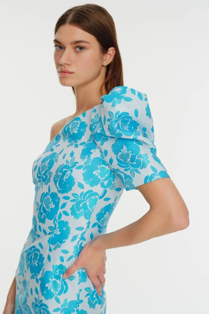EXQUISE One-Sleeve Floral Print Midi Dress