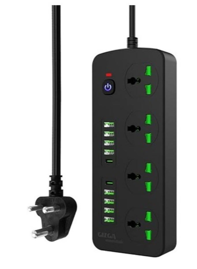 ELTRAZONE Gizga Essentials Power Extension Board 8 USB 4.2A Ports, 2 PD 20W Ports, 4 Universal Thermal Trip Electrical Multi Plug Sockets, Surge Protection, Spike Guard, 3000W 16A, Flame Proof, 2m Cord Length  - Image 1