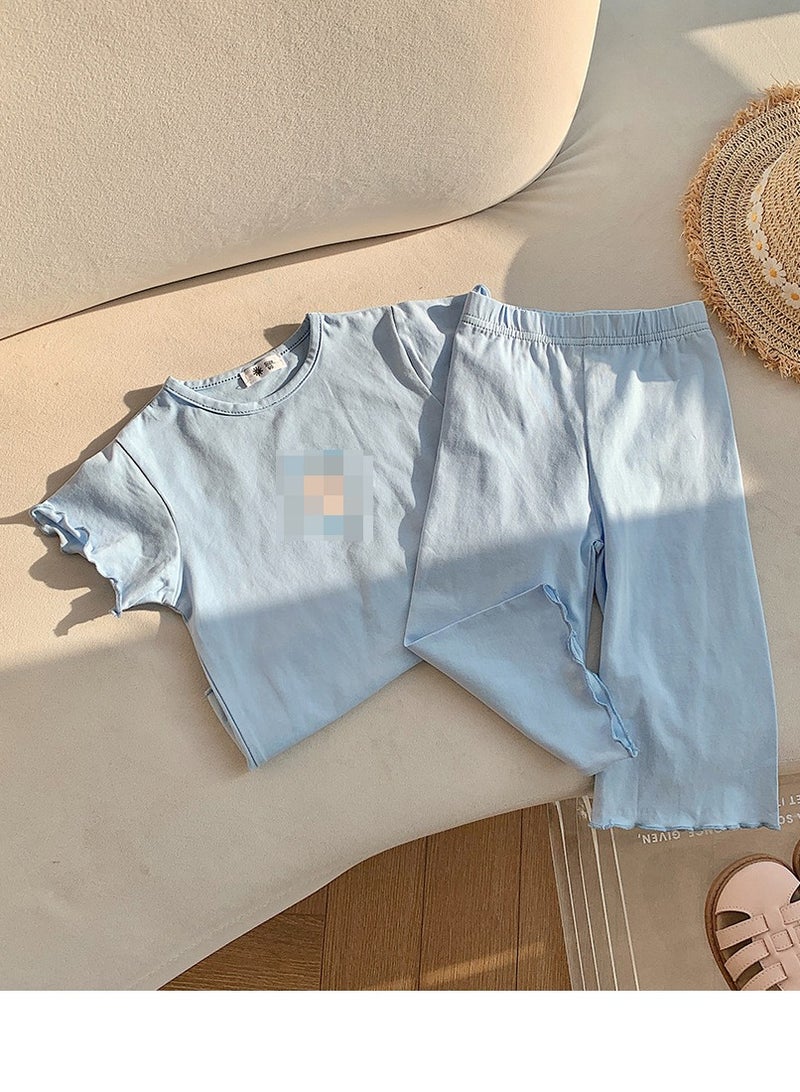 Loquat Girls Ruffle Short Sleeve T-Shirt And Loose Pants Summer Casual Set Blue 