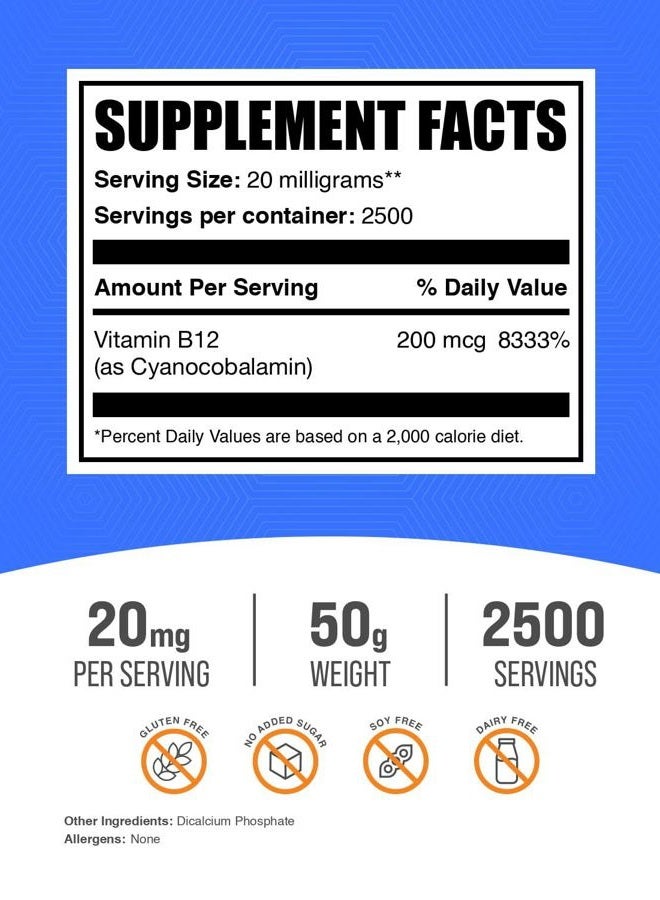 BULKSUPPLEMENTS.COM .com Vitamin B12 Powder - as Cyanocobalamin, Vitamin B Supplement, Vitamin B12 200 mcg - Essential Vitamin, Gluten Free, 20mg per Serving, 50g (1.8 oz) (Pack of 1) - Image 2