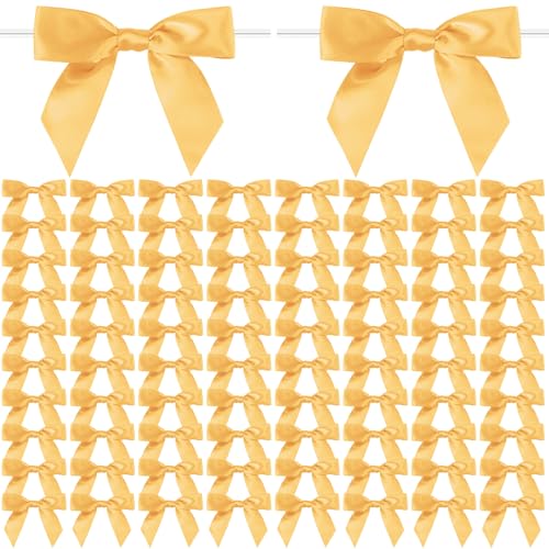 Adodotoe Gold Twist Tie Bows, 100 Pcs Satin Twist Tie Bows for Treat Bag Satin Ribbon Tie Bows for Tying Up Packages Present Bags Bakery Candy Bags Decorating Ribbon Bow Gift Wrap Bows - Image 1