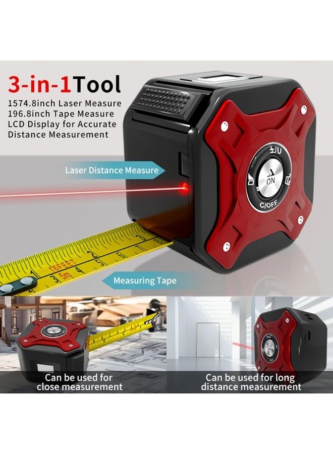 3 In 1 Digital Laser Tape Measure USB Rechargeable High Definition LCD Display Red - Image 3