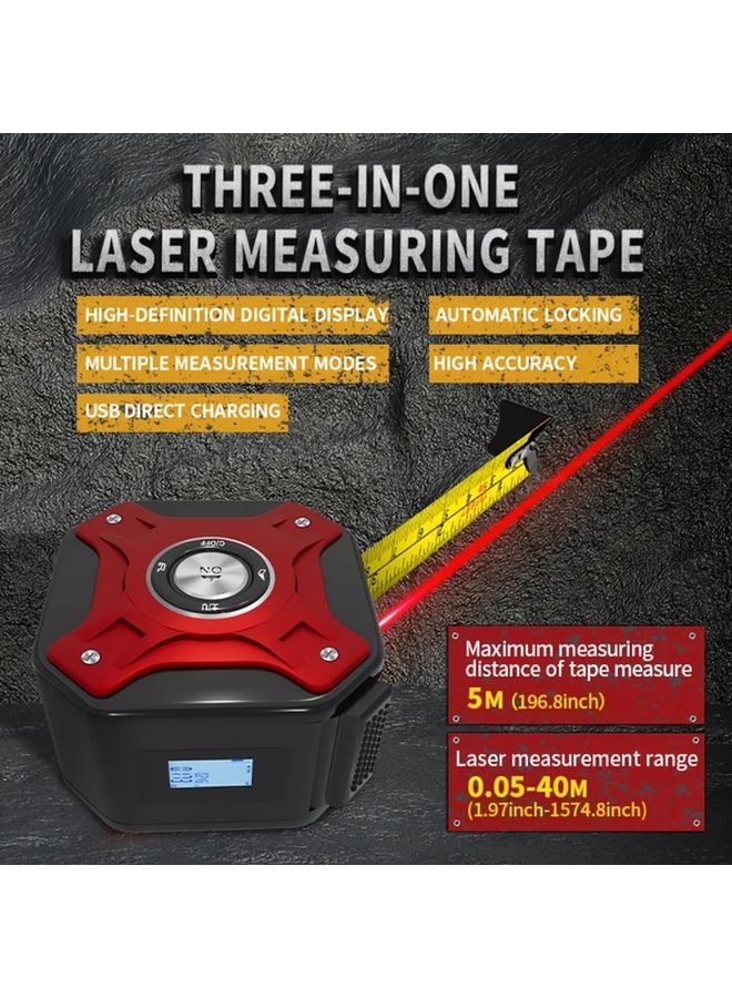 3 In 1 Digital Laser Tape Measure USB Rechargeable High Definition LCD Display Red - Image 2